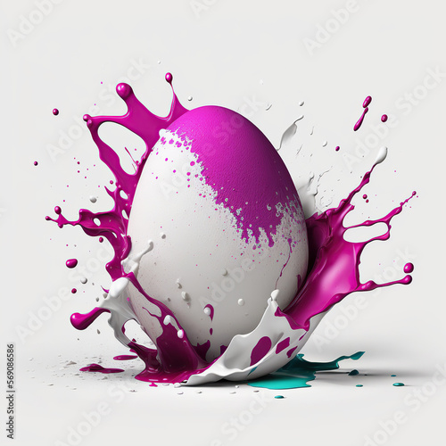White egg with splash magenta paint, Holiday draw egg, happy Easter. Generated AI.
