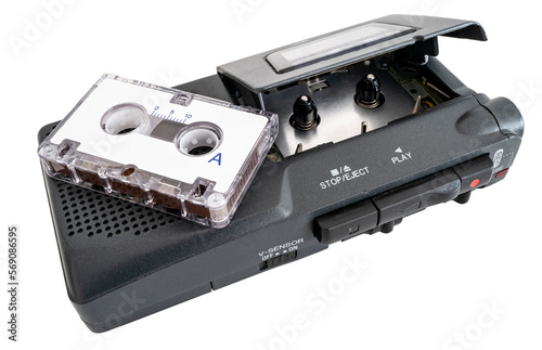 Dictaphone microcassette vintage sur fond transparent photo