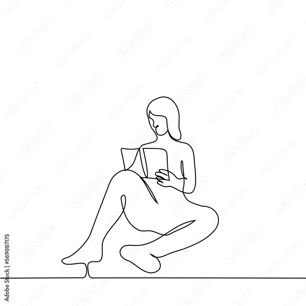 woman sits with a book on the floor or on the ground - one line drawing vector. the concept of reading a paper book, leisure or hobby, book lover or student studying from a textbook woman sits with a book on the floor or on the ground - one line drawing vector. the concept of reading a paper book, leisure or hobby, book lover or student studying from a textbook
