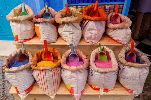 Bags with powder for paint, Chefchaouen. Morocco © M.studio
