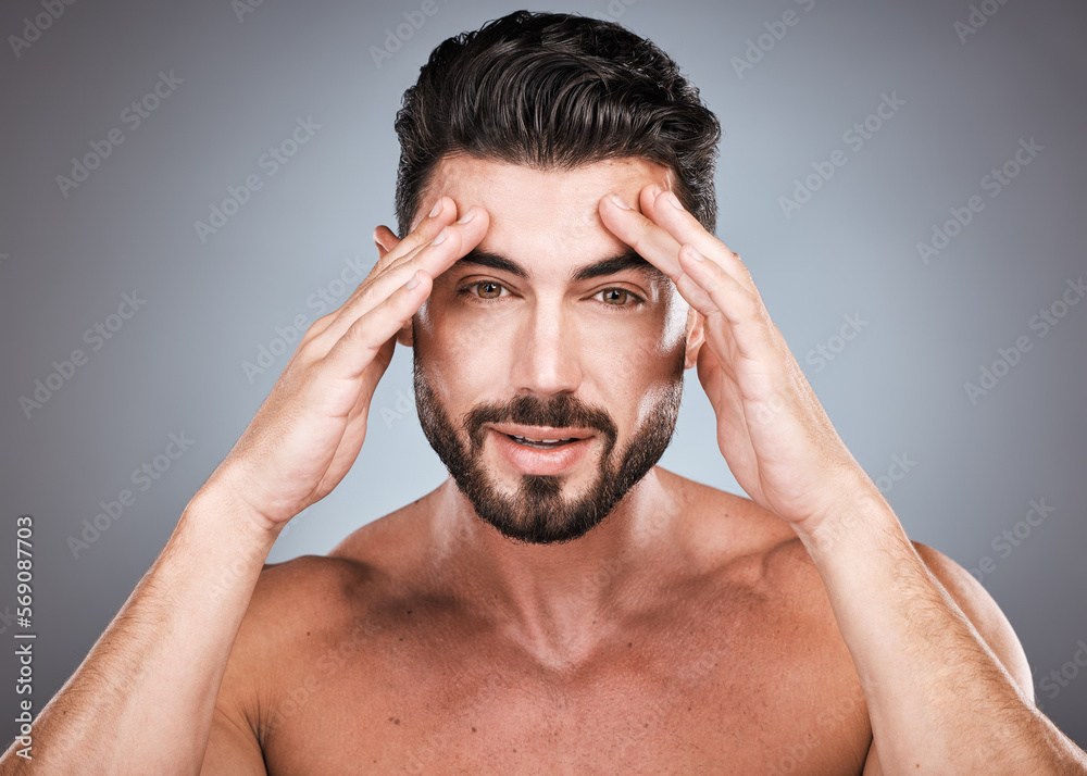 Skincare, acupressure and health, portrait of man with hands on head and hair or beard maintenance. Fitness, health and spa facial care, male model with muscle in studio isolated on grey background. Skincare, acupressure and health, portrait of man with hands on head and hair or beard maintenance. Fitness, health and spa facial care, male model with muscle in studio isolated on grey background.
