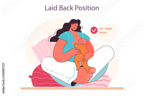 Laid-back breastfeeding position. Mother holding her baby. Breastfeeding