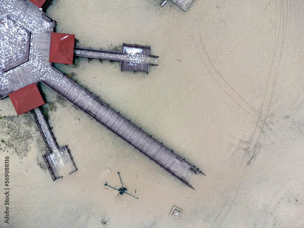 Aerial view landscape. Desert, sand, building, drone photo.