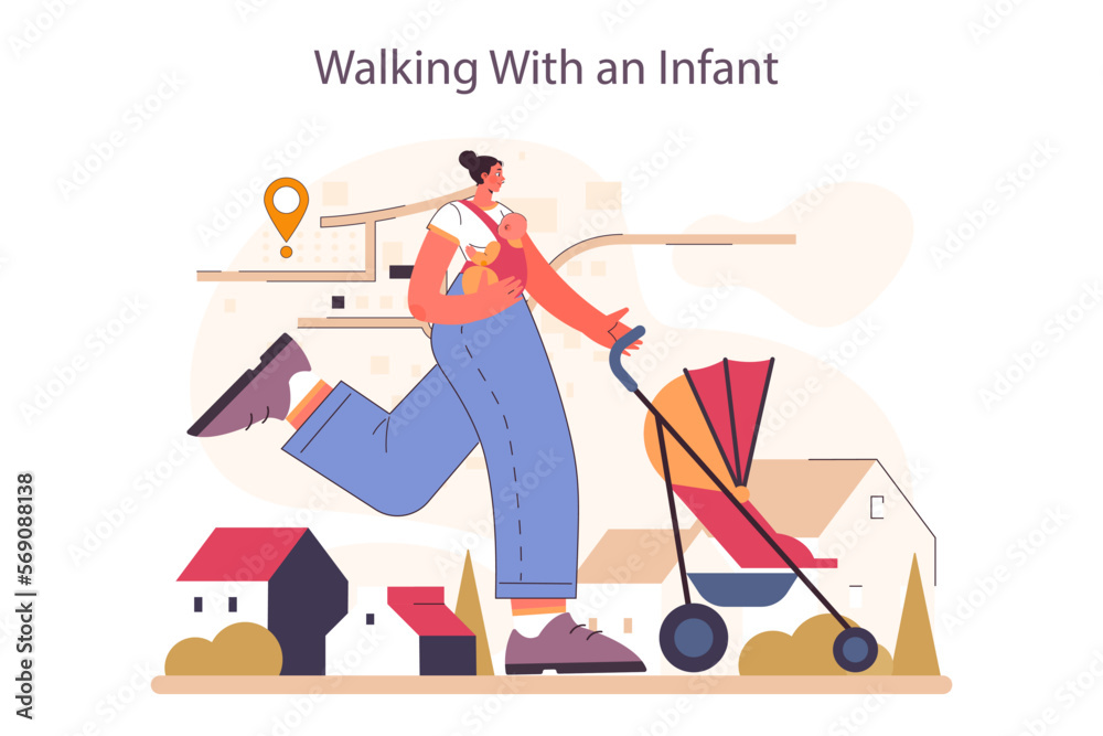 New mom walking with her child in backpack baby carrier. Young woman