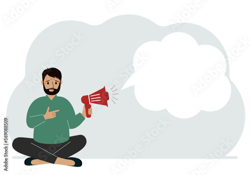 A man with a mouthpiece in his hand sits cross-legged. From loudspeaker bubbles to accommodate text.