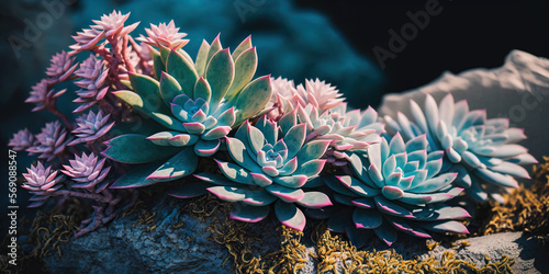 Colorful succulents on rocks. Generative AI © tania_wild