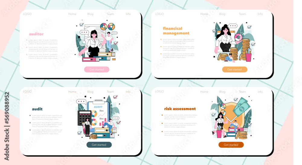 Auditor web banner or landing page set. Business operation specialist.
