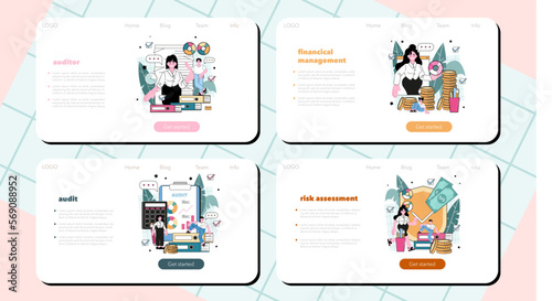 Auditor web banner or landing page set. Business operation specialist.