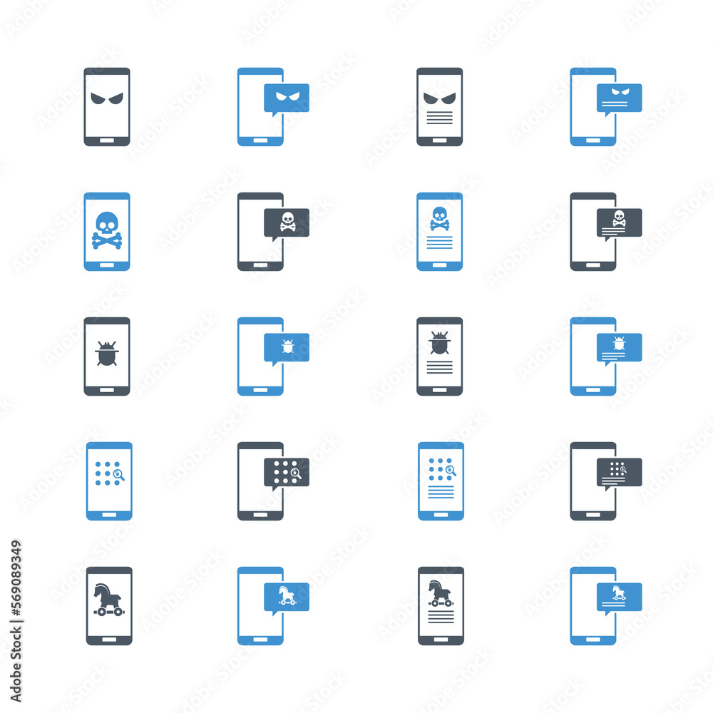 Malware notification on mobile phone. Virus, malware, email fraud, e-mail spam, phishing scam, hacker attack concept. Vector illustration. Icons set.
