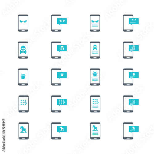 Malware notification on mobile phone. Virus, malware, email fraud, e-mail spam, phishing scam, hacker attack concept. Vector illustration. Icons set.