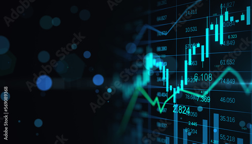 Obraz na plátně Stock market and investing concept with dark background with place for your advertising poster, blurred dots and digital glowing financial chart candlestick and graphs
