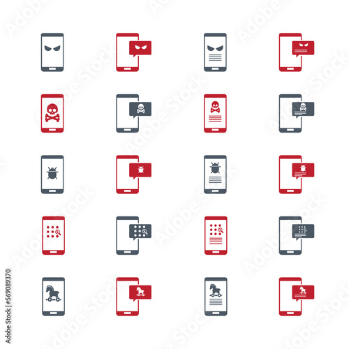Malware notification on mobile phone. Virus, malware, email fraud, e-mail spam, phishing scam, hacker attack concept. Vector illustration. Icons set.