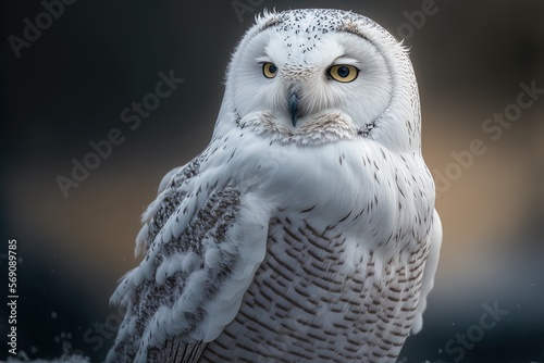 This stunning white owl was captured in a stunning selective focus photo. Generative AI