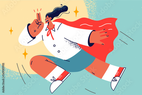 Motivated businesswoman in superhero costume strive for achievement 
