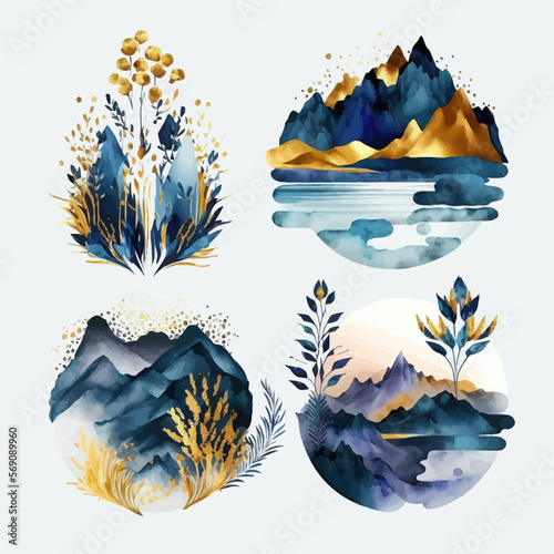 Abstract Arrangements. Landscapes, mountains. Decorative elements template. Flat cartoon illustration isolated on white background