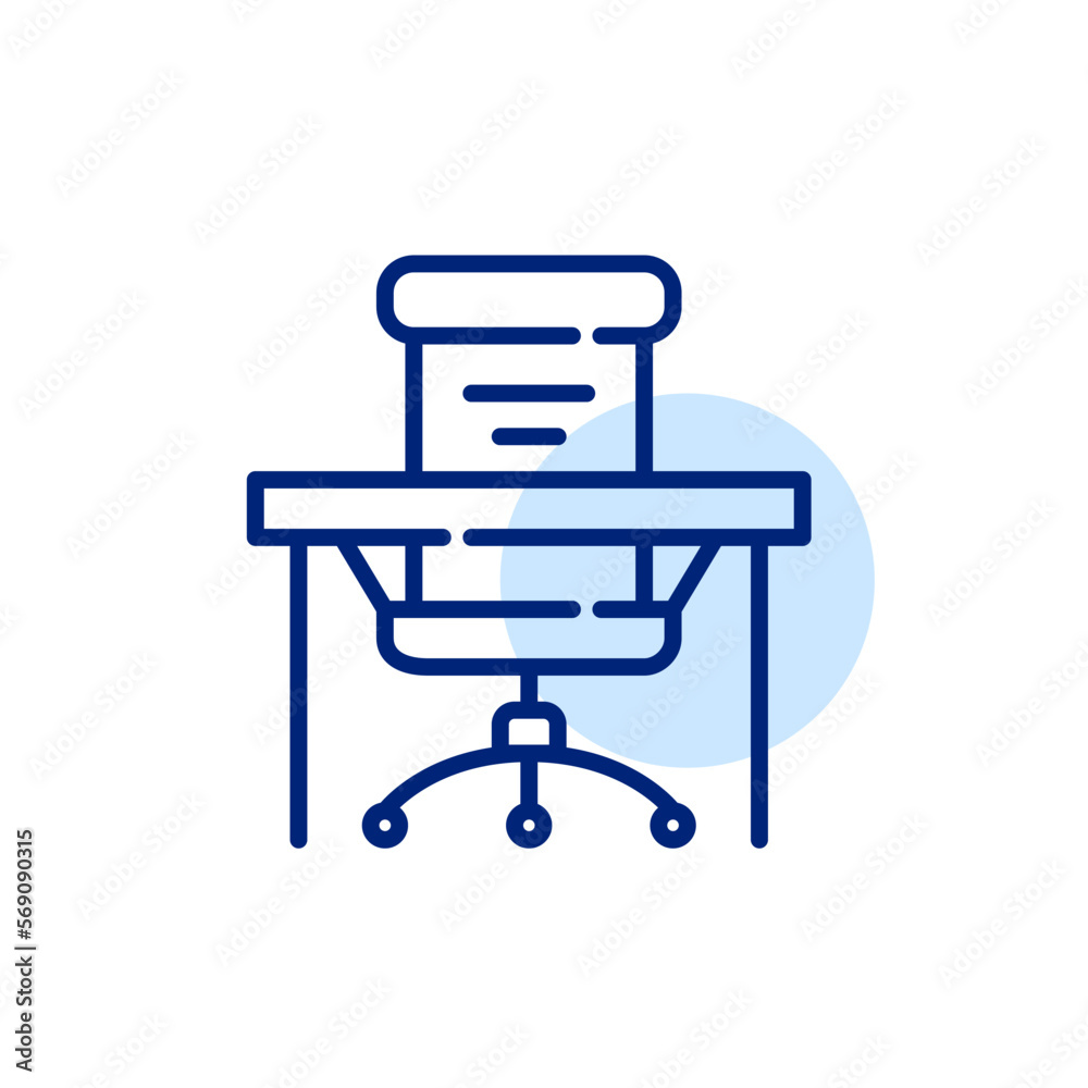 Office chair and desk. Workplace icon. Pixel perfect, editable stroke design Office chair and desk. Workplace icon. Pixel perfect, editable stroke design