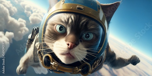 Fliegende Katze mit lustigem Blick und Fliegerhelm im Fallschirm Anzug, Nahaufnahme, ai generativ photo