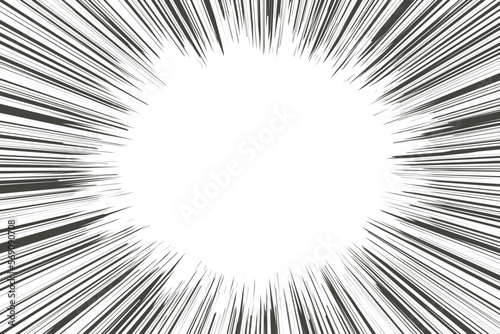 Comic manga radial lines with speed effect for comics book. Black and white explosion background. Flash ray blast glow. Vector frame.