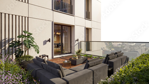 Residential building luxary terrace with furniture advertisement rendering pngisolated no background premium png photo