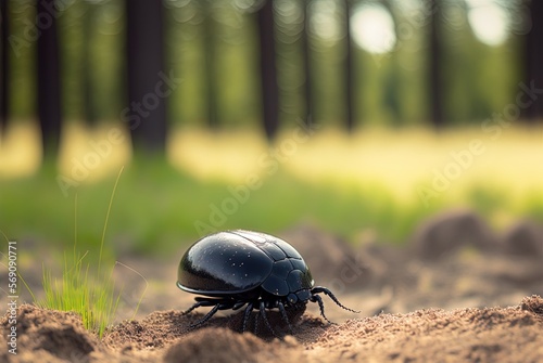 a black dung beetle in a sandy meadow in a Dutch woodland captured with a selective focus lens. Generative AI photo