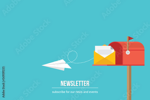 Newsletter. vector illustration of email marketing. subscription to newsletter, news, offers, promotions. a letter and envelope. subscribe, submit. send by mail.	