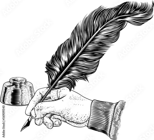 A hand holding or writing with a quill feather antique pen with ink well. In a retro vintage engraved or etched woodcut print style.