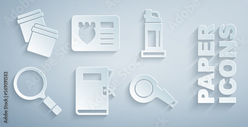Set Police station folder, Pepper spray, Magnifying glass with search, Whistle, badge id case and Plastic bag ziplock icon. Vector