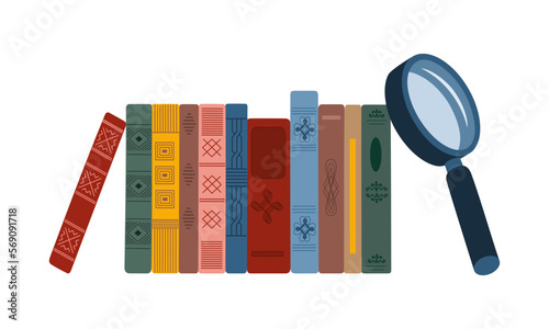 Collection of vertical standing books in colored vintage covers. Pile of different literature. Time to reading concept. Hand drawn vector illustration isolated on white background. Flat style.