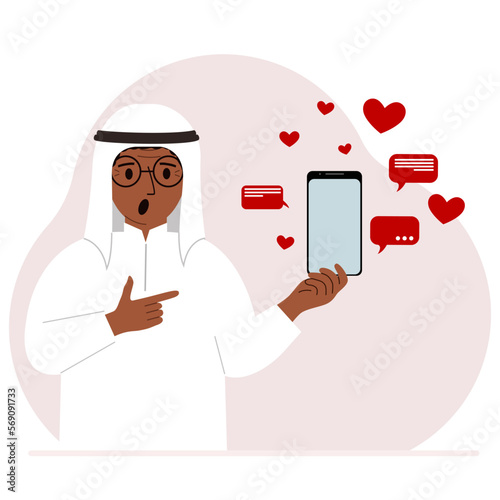 A man with a smartphone in his hand. The concept of correspondence, communication, social networks. Lots of hearts.