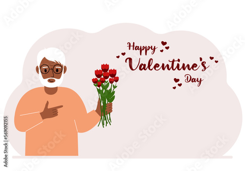 A happy man holds a bouquet of flowers in his hand. Next to the text Happy Valentine's Day. Concept for postcard, congratulations, banner or poster.