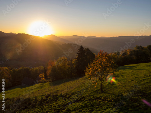 Scenic view of mountain during sunset, Ferme Auberge Soultzermatt, Munster, Vosges, France photo