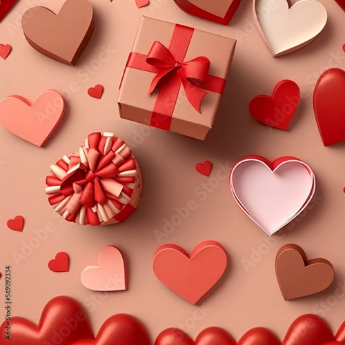 A Valentine's Day background sets the scene for a flat lay style greeting composition, featuring a gift box and an array of red hearts.