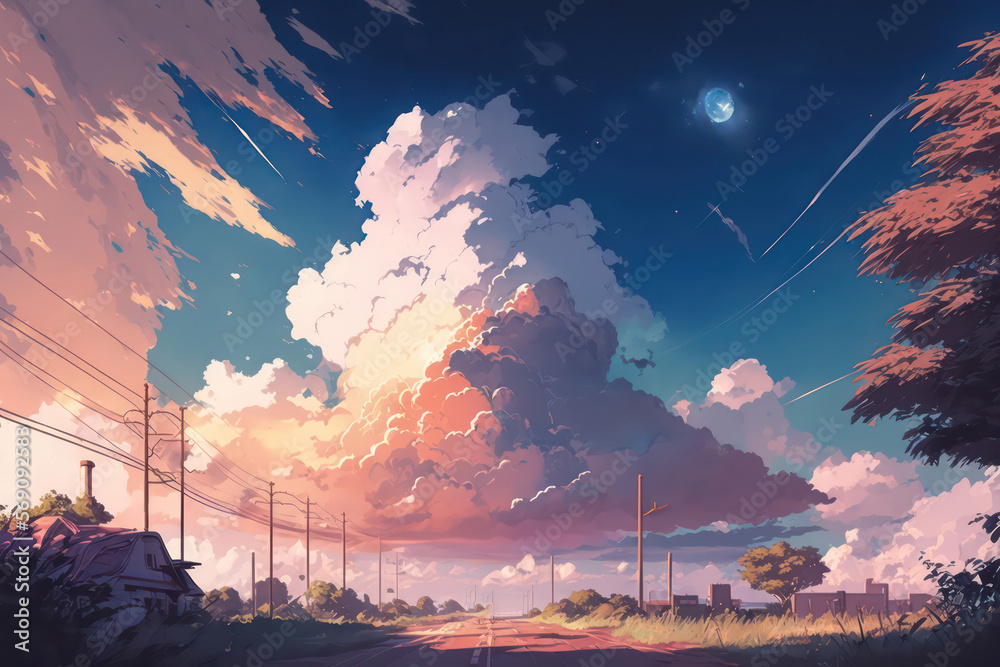 Sky with beautiful sunset light. Fantasy sky anime art style wallpaper  background. Cloudy day in anime theme. Digital art style. Illustration  painting. Generative AI. Stock Illustration | Adobe Stock
