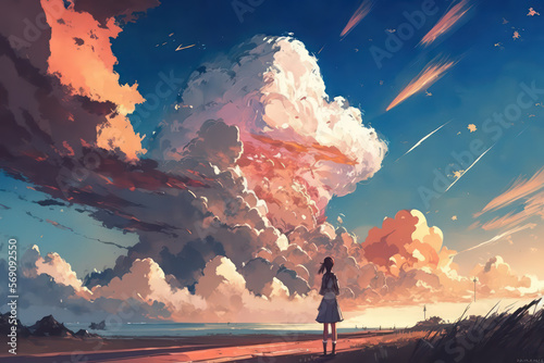Girl look at the horizon in evening time with sunset light flare. Beautiful sky in anime art style. Big sky view with light from sunset. Anime girl. Digital art style. Illustration painting. 