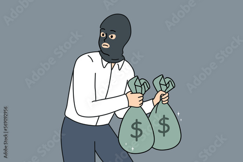 Male thief in face mask holding bags with money in hands. Man burglar or criminal steal cash from bank. Crime and burglary. Vector illustration. 