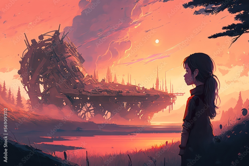 Anime Couple looking at Sunset, Anime Digital Art illustration for background  wallpaper. Generative AI Stock Illustration
