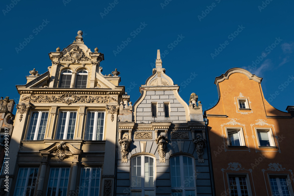 Historic Burgher Houses With Gables At Sunset In Old Town Of Gdansk, Poland