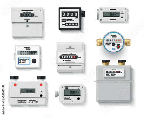 Household and industrial meter set realistic vector illustration. Gas water electric power equipment