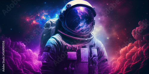3D illustration of man in space suit inside softly glowing pink and blue galactic cloud. Peaceful galaxy astronaut. Retrowave. Generative Ai.