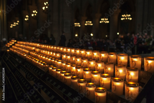 Lit votive candles in the basilica notre dame de fourviere, Lyon, Paris, France photo