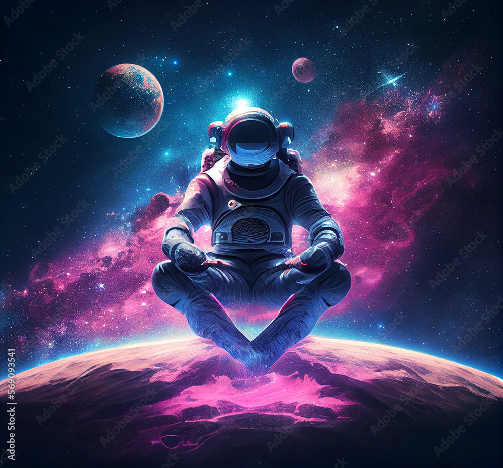 3D illustration of science fiction space suited figure in yoga lotus pose on small asteroid in outer space. Astronaut meditating on moon with Earth view. Retrowave. Generative Ai 3D illustration of science fiction space suited figure in yoga lotus pose on small asteroid in outer space. Astronaut meditating on moon with Earth view. Retrowave. Generative Ai