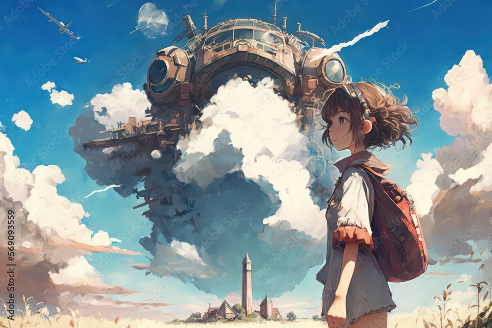 Girl with sky fantasy floating machine above the small town. Anime girl. Digital art style, Illustration painting. Generative AI. - obrazy, fototapety, plakaty 