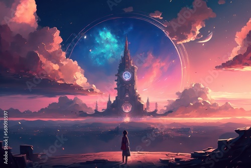 Girl looking at the sky magic tower above city. Magic tower on the sky at the evening with sunset light. Anime art. Digital art style. Illustration painting. Generative AI.