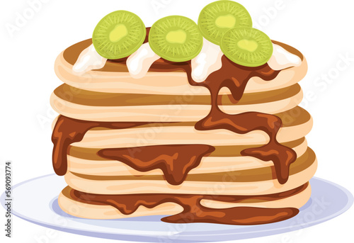 Sweet pancakes stack with kiwi slice cream chocolate topping on serving plate vector flat