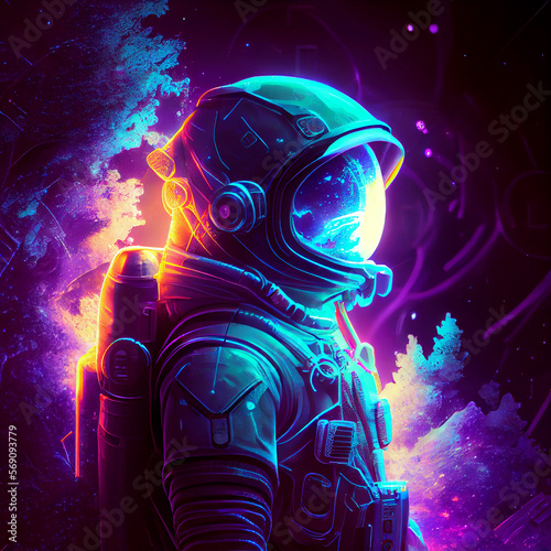 Neon space art illustration. Poster or background about the space and the universe. Space odyssey  space  astronaut  planets. Generative Ai.