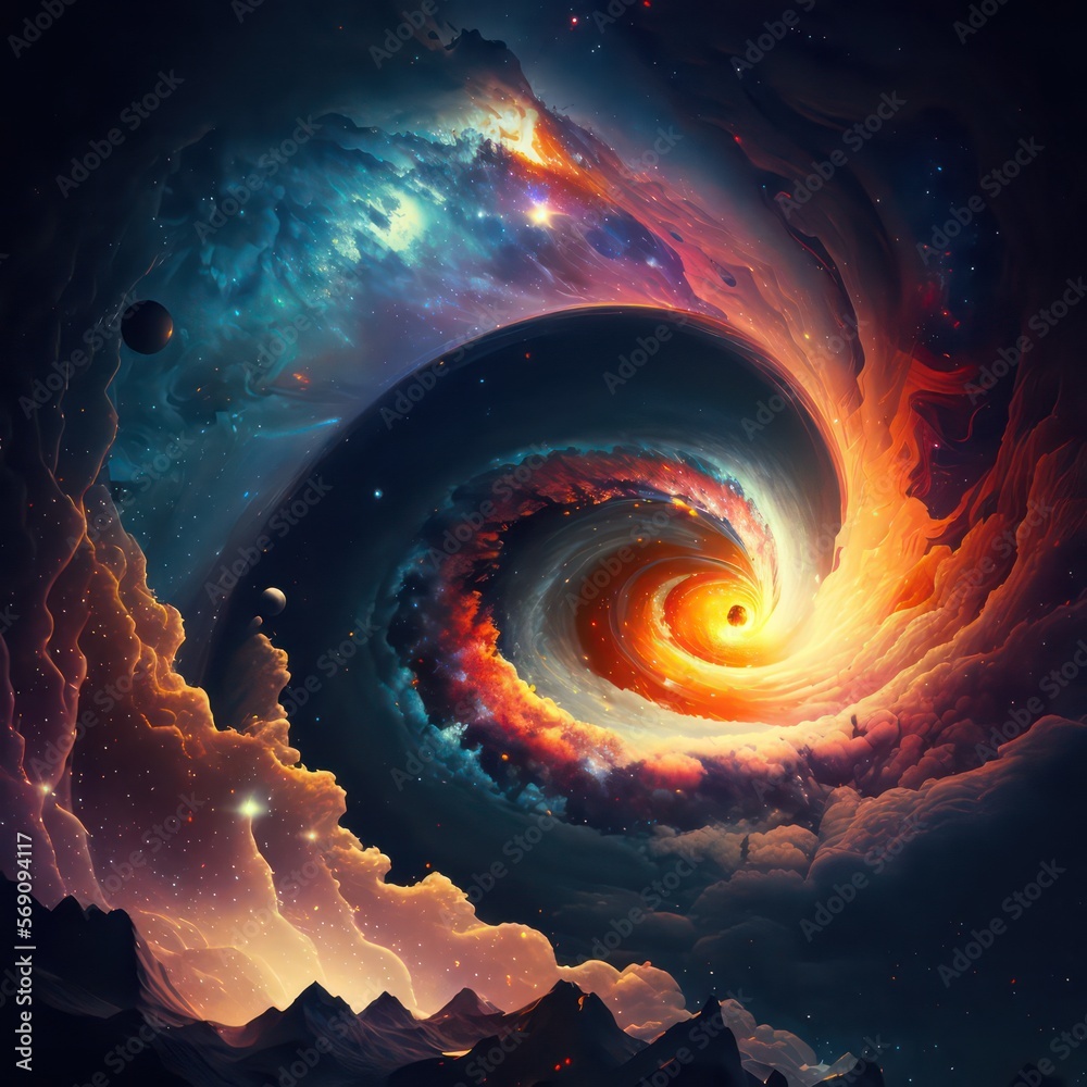 Spiral fantasy universe. Fantasy space and universe wallpaper background. Generative AI.