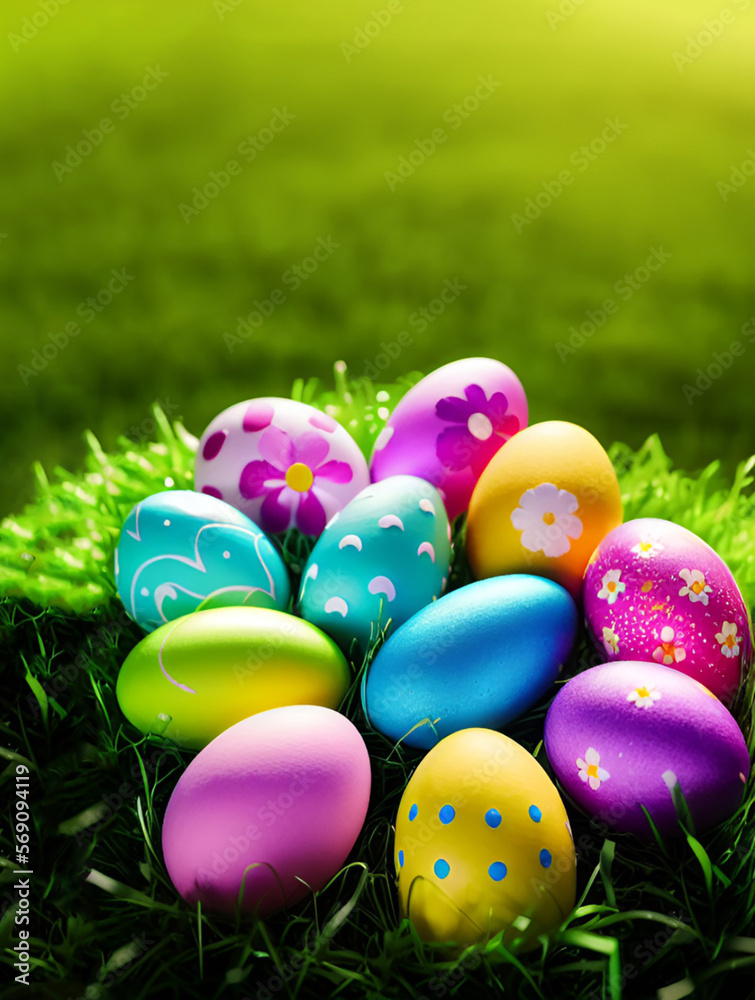 Easter card design created with generate AI technology. Cute adorable easter background, Group of colorful eggs decors with flower hand drawn style on green grass and cute flowers.