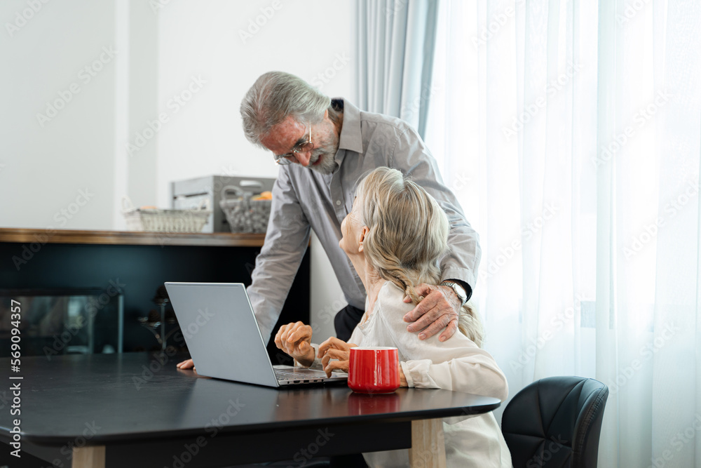 Senior couple working and checking personal finances with laptop at home. Senior couple working and checking personal finances with laptop at home.