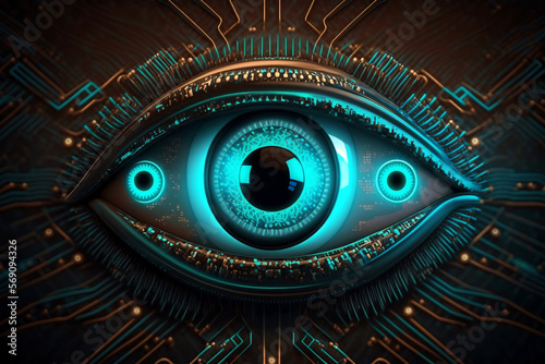 cyber human robot eye attached installed to electronic cyber board on digital background and watching  new quality universal colorful joyful technology stock image illustration design generative ai