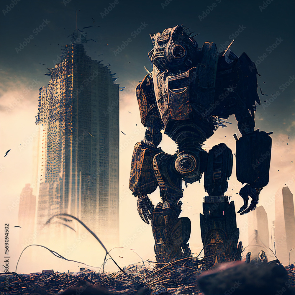 Fototapeta premium Post apocalyptic world terminator in front of skyscraper 